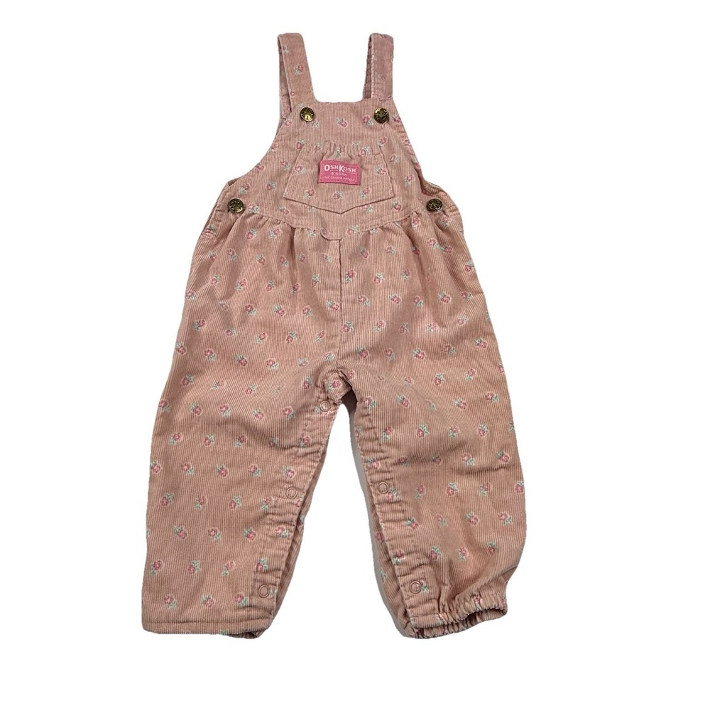 VTG Oshkosh B'Gosh Vestback Corduroy Overalls Pink Floral AOP 24 Month USA Made